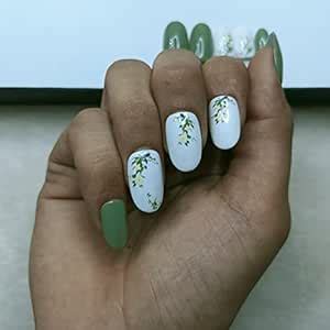 Buy Glossy Green Floral Press on/Fake nails/Artificial Nails in Oval ...