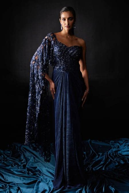 Buy Blue Lycra Sequins, Cut Work Sweetheart Neck Dana Beaded Draped ...
