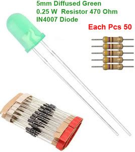 ELPH 5mm Green LED, 1N4007 Diode, 470E 1/4W Resistor Each Pcs 50 ...