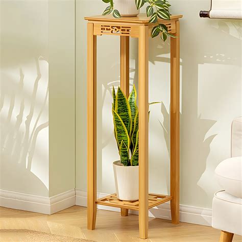 Stain-Resistant Bamboo Wood Plant Table with Shelves and Legs for ...