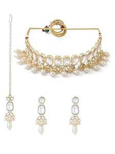 ZAVERI PEARLS Gold Tone Dazzling Stones Beads Choker Necklace Earring ...