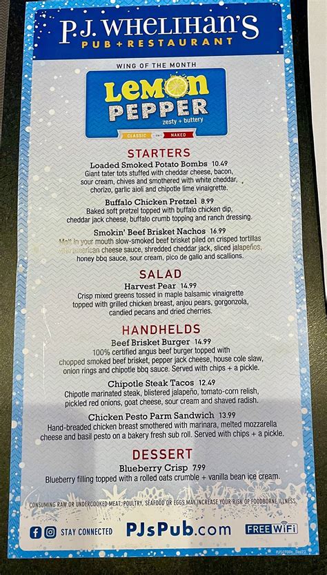 Menu at P.J. Whelihan's Pub + Restaurant - Reading, West Lawn