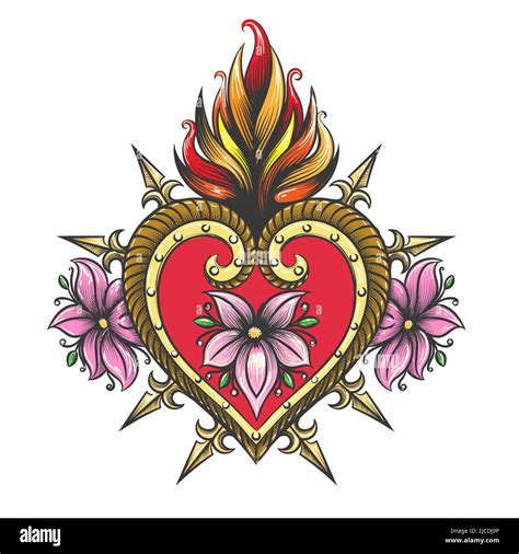 Tattoo of Sacred Heart Colorful Symbol isolated on white. Vector ...