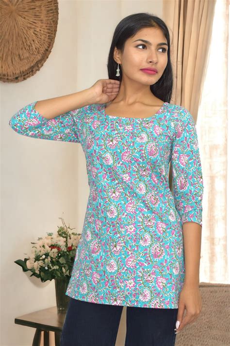 Blue pink Cotton Sleeves Broad Neck Kurti – Jaipur Hand Block