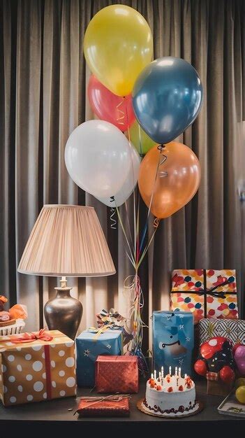 A birthday party with balloons and presents on a table | Premium AI ...