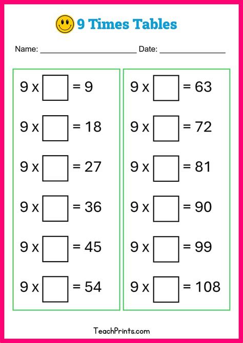 9 Times Table Worksheet Printable - King Printables