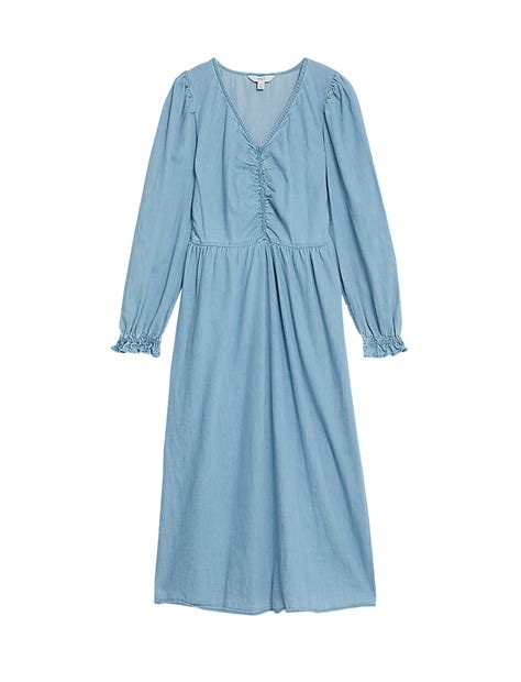 Denim V-Neck Puff Sleeve Midi Column Dress