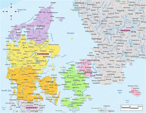 Premium Vector | Denmark political map with capital cities towns national borders rivers and ...
