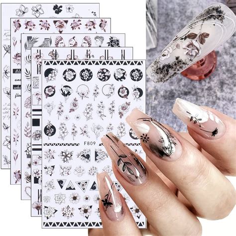 Buy Retro Flower Nail Stickers 3D Nail Art Supplies Black White Hollow ...