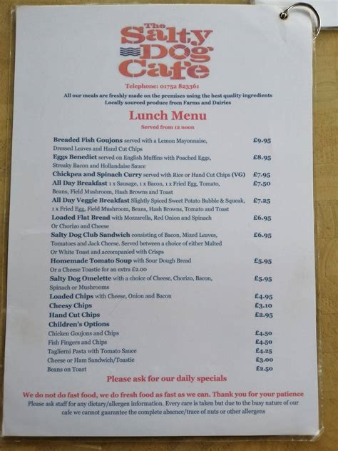 Menu at The Salty Dog Cafe, Torpoint