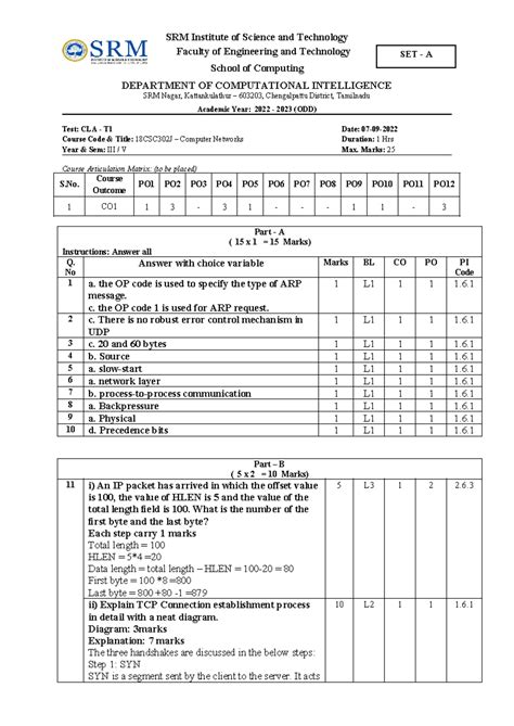 CTI-Answer Key SETA - CT 1-SRM computer network previous year paper ...
