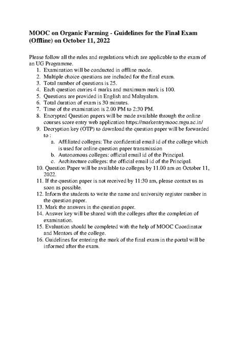 MOOC Organic Farming Final Exam Guidelines (Offline) - Studocu
