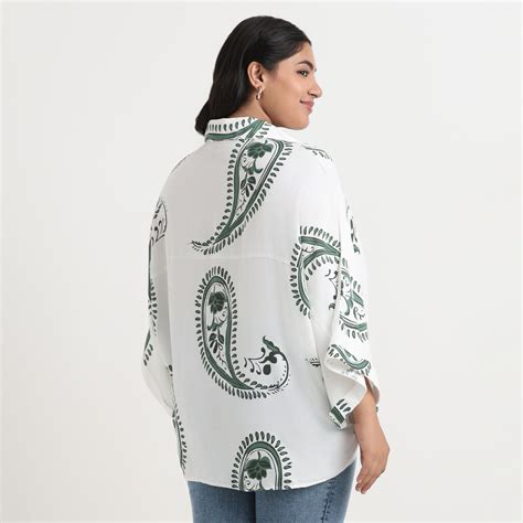 Plus-Size White Paisley Print Drop Shoulder Cotton Shirt by CALAE ...