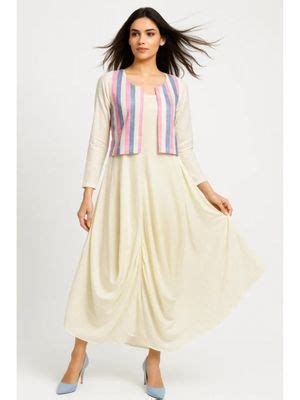 Buy Diiwataa Ivory Cowl Dress with Striped Jacket (S) Online