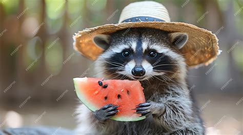 Premium Photo | Cute raccoon wearing a straw hat eating a slice of watermelon