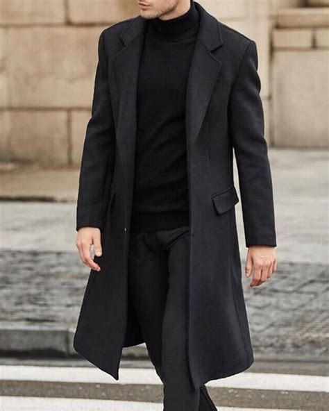 Men Black Woolen Overcoat Vintage Long Trench Coat Men New Jacket Coats ...
