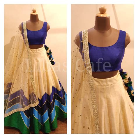 Ivory- Blue Color Blocked Silk Lehenga – LIBAS CAFE