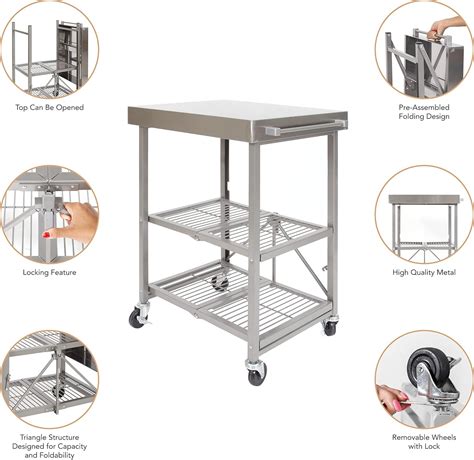 Buy Origami Stainless Steel Cart on Wheels, 3-Tier Foldable Rolling Cart Made of Commercial ...