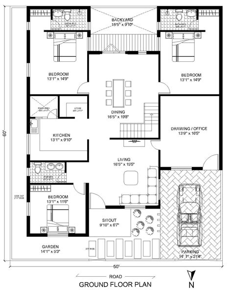 50 x 60 House Plan with 3Bhk and North Facing Layout