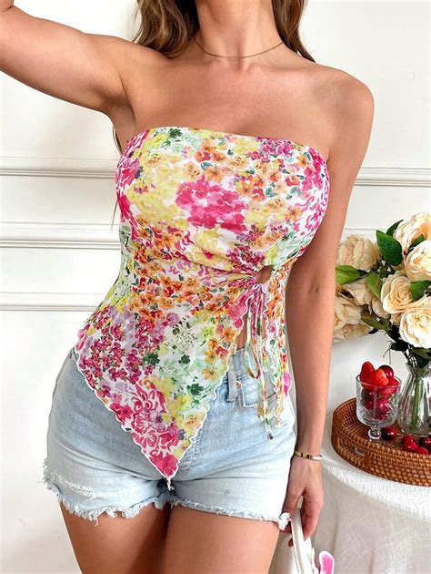 KARISMINA Women's Boho Floral Print Strapless Knitted Top With ...