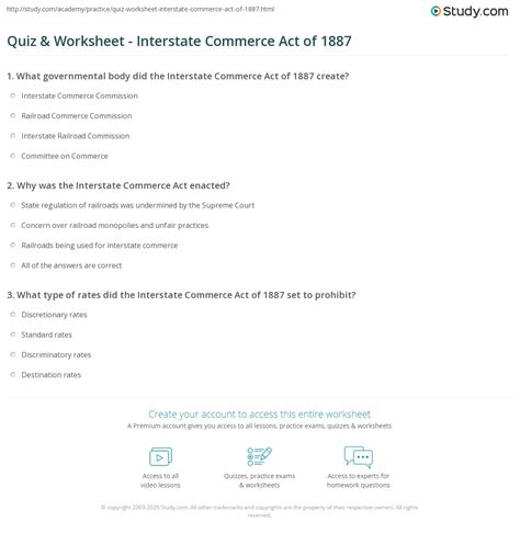 Quiz & Worksheet - Interstate Commerce Act of 1887 | Study.com