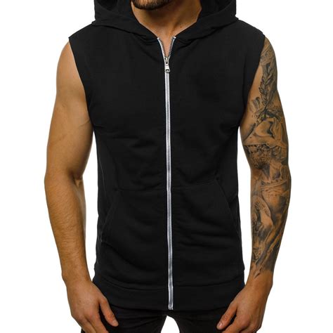 Yyeselk Mens Zip Up Sleeveless Hooded Sweatshirt Slim Fit Solid Color ...