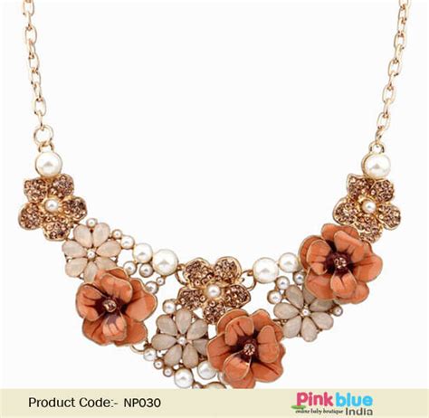 Necklace Jewelry Set for Women with Beaded Flowers in Golden and Orange ...