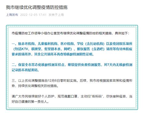 上海市继续优化：大多数公共场所不再查验核酸检测阴性证明，对7天内无核酸检测记录的不再赋黄码 - 知乎