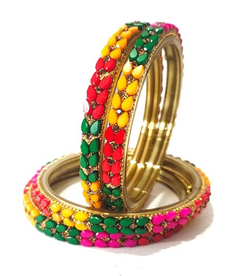 Buy SAFFRON SHADES Charming Multicolour Glass Bangle Kada Set of 4 for ...