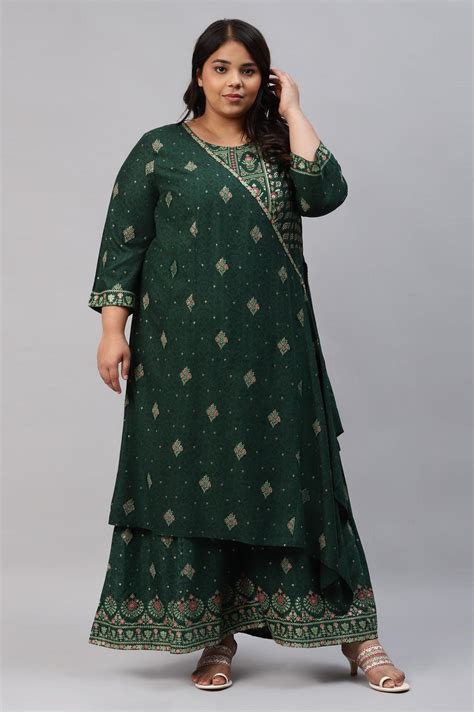 Buy Green Glitter Printed Angrakha Plus Size Jumpsuit @ 4599 | W for ...