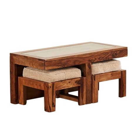 Buy Helios Rover Sheesham Wood Coffee Table with Stools - Brown from ...