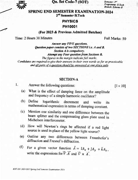 KMT Qn. Set (SOT) B.Tech PHYSICS Spring End Sem 2024 Exam Questions ...