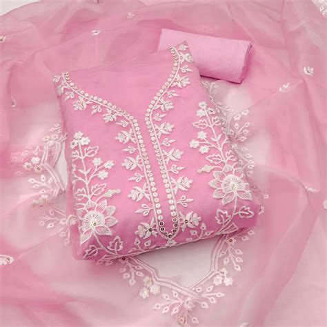 Baby Pink Floral Embroidered Work Dress Material With Shimmering Sequi