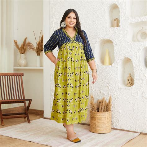 Buy Olive & Blue V Neck Lotus Dress - SOM | Rustorange