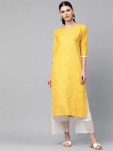 Buy Pastel Yellow Mirror Work Cotton Kurta Online at Rs.601 | Libas