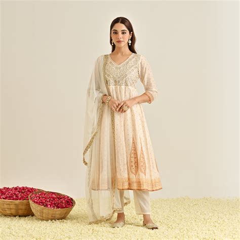 Buy Off White Mustard Traditional Anarkali Set with Yoke Embroidery ...