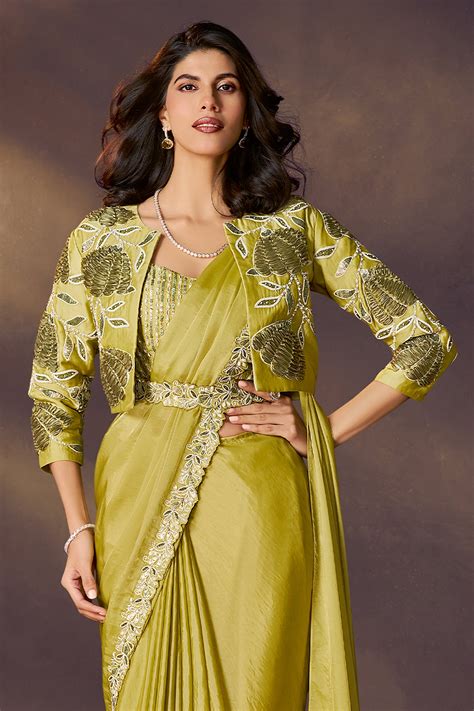 Shop for Lime Green Embroidered Satin Readymade Saree with Stitched ...