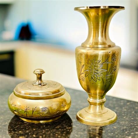 Antique Brass Flower Vase with Small Dibbi | Dual Set | Traditional Dé ...