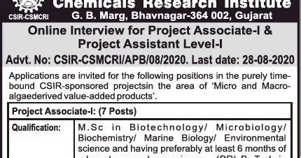 CSIR-CSMCRI Biotech/Microbiology Project Openings