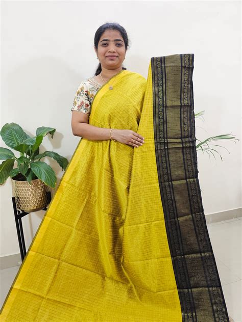 Semi Raw Silk Saree - Yellow with Black – Looms Legacy