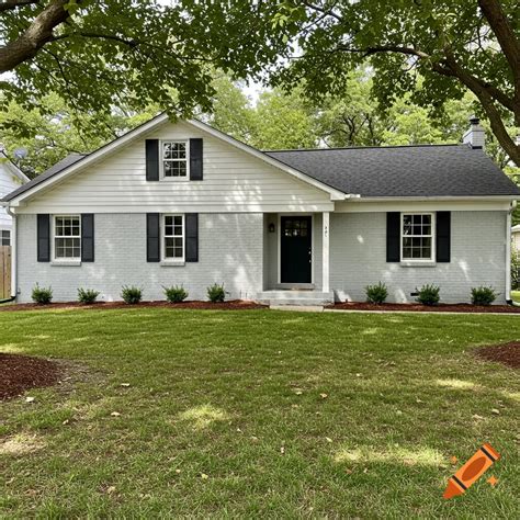 A white ranch-style house with a gray foundation, black shutters, and a ...