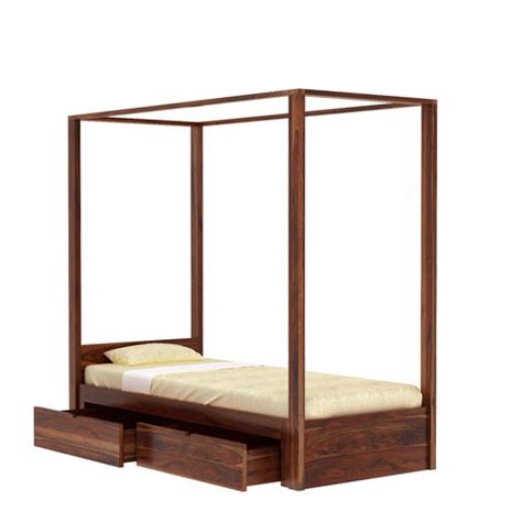 Solivo Solid Sheesham Wood Single Poster Bed With Two Drawers (Natural ...