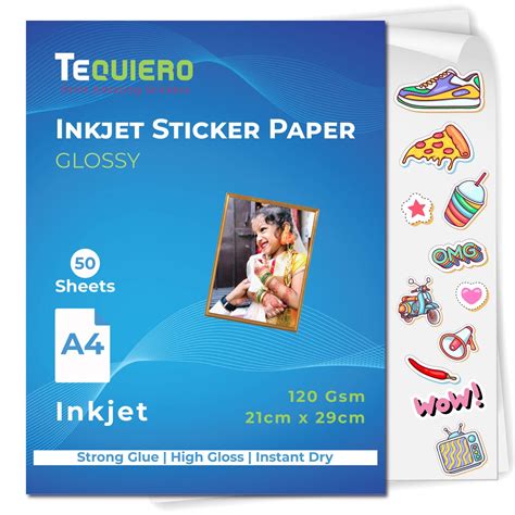 TeQuiero 50 Glossy Inkjet Sticker Photo Paper a4 Size Self Adhesive ...