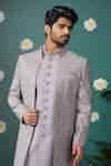 Buy Gray Silk Sequins, Embroidery Blossom Jacket And Sherwani Set For ...