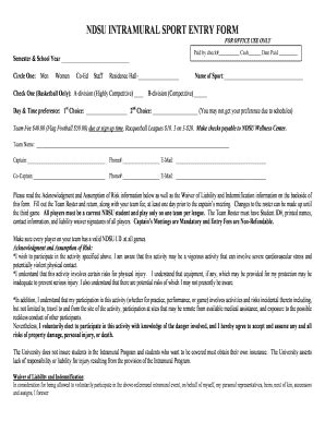 Fillable Online ndsu INTRAMURAL SPORT ENTRY FORM FOR OFFICE USE ONLY ...