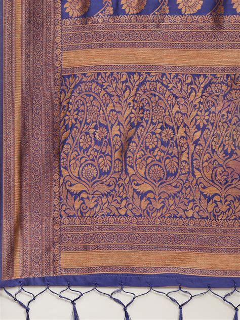 Buy Ishin Women's Brocade Blue Zari Woven Design Saree With Blouse ...