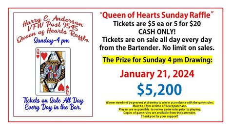 NL VFW Sunday QUEEN of HEARTS RAFFLE! Top prize $5200 Tickets available ...