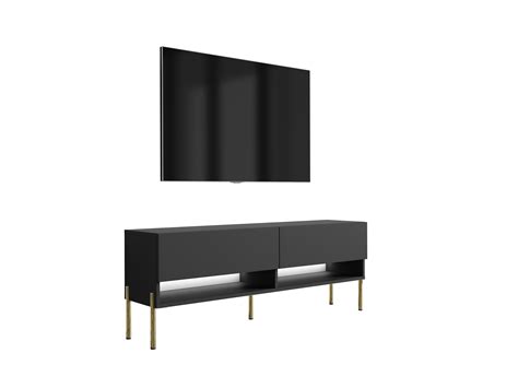 Mueble TV 140 cm Negro Mate, patas rectas doradas, LED blanco, 140 × 32 ...