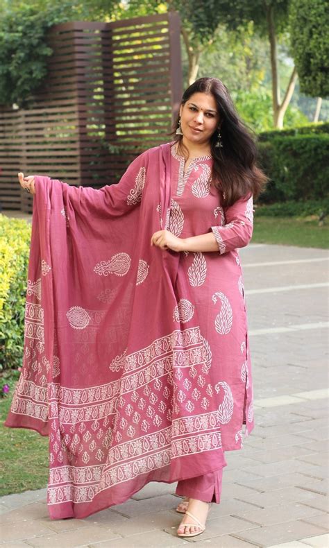 Cotton Handblock Rust Paisley Print Suit With Cotton Printed Dupatta ...