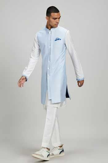 Buy Sky Blue Jacquard, Silk Sherwani Jacket For Men by Bubber Couture ...